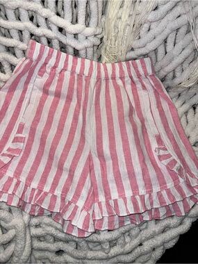 beachlunchlounge Pink and White Striped Ruffle Hem High Waist Shorts